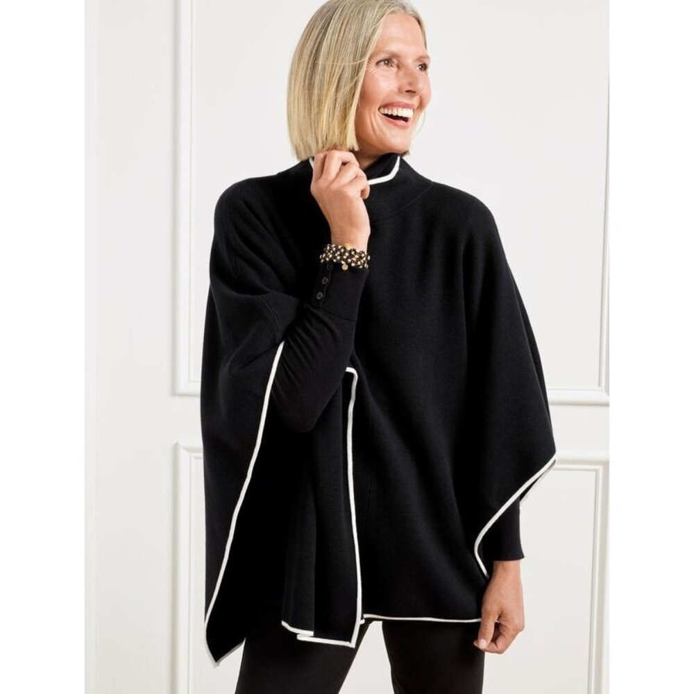 Talbots Knit Funnel Neck Poncho Wmn M/L Blue White Trim Classy Quiet Luxury